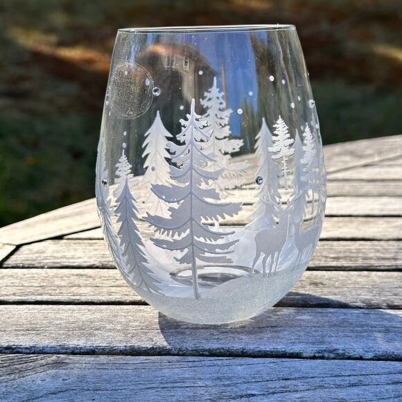 Christmas Tree & Reindeer Stemless Wine Glass 5” Frosted Winter Forest NEW - Picture 5 of 11